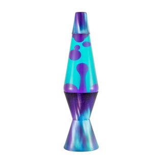 A purple and blue galaxy style lava lamp with bright blue and purple liquid inside it