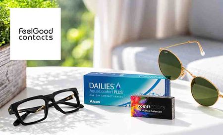 feel good contacts logo top left with contacts and sunglasses on table