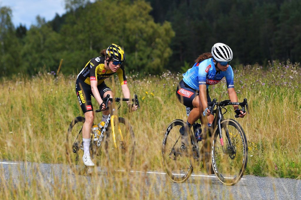 HALDEN NORWAY AUGUST 15 LR Julie Van De Velde of Belgium and Jumbo Visma Women Team and Rossella Ratto of Italy and Team Bingoal Casino Chevalmeire in the Breakaway during the 7th Ladies Tour Of Norway 2021 Stage 4 a 1416km stage from Drbak to Halden LTourOfNorway LTON21 UCIWWT on August 15 2021 in Halden Norway Photo by Luc ClaessenGetty Images