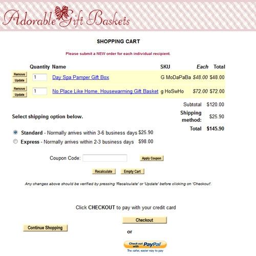 Adorable Gift Baskets image: At checkout, you can see your shipping options with prices and anticipated times of arrival.