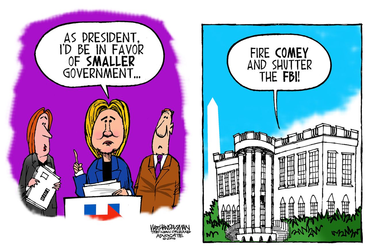 Political cartoon U.S. 2016 election Hillary Clinton presidential plans FBI