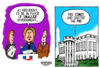 Political cartoon U.S. 2016 election Hillary Clinton presidential plans FBI