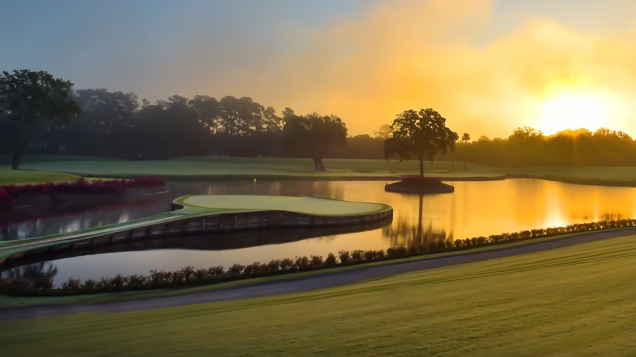 A side view of the 17th hole at TPC Sawgrass back in 2018