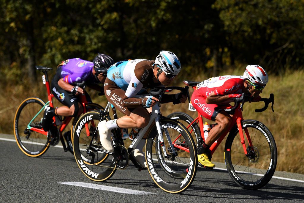 EJEADELOSCABALLEROS SPAIN OCTOBER 23 Harry Tanfield of The United Kingdom and Team AG2R La Mondiale Luis Angel Mate Mardones of Spain and Team Cofidis Solutions Credits Jesus Ezquerra Muela of Spain and Team Burgos BH Willie Smit of South Africa and Team Burgos BH Breakaway during the 75th Tour of Spain 2020 Stage 4 a 1917km stage from Garray Numancia to Ejea de los Caballeros lavuelta LaVuelta20 La Vuelta on October 23 2020 in Ejea de los Caballeros Spain Photo by David RamosGetty Images