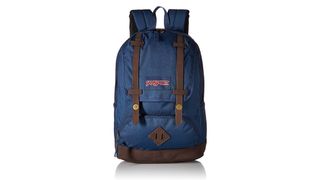 best laptop backpacks; a photo of a laptop back on a white background, it's blue with faux leather trim