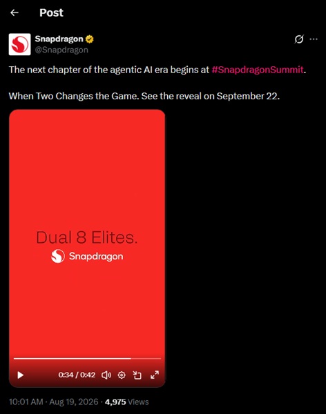 Qualcomm teased "Dual 8 Elite" chipsets to be revealed at Snapdragon Summit on September 22, 2026.