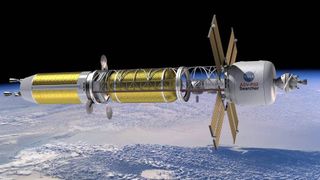 Artist&#039;s concept of a spacecraft powered by nuclear thermal propulsion.