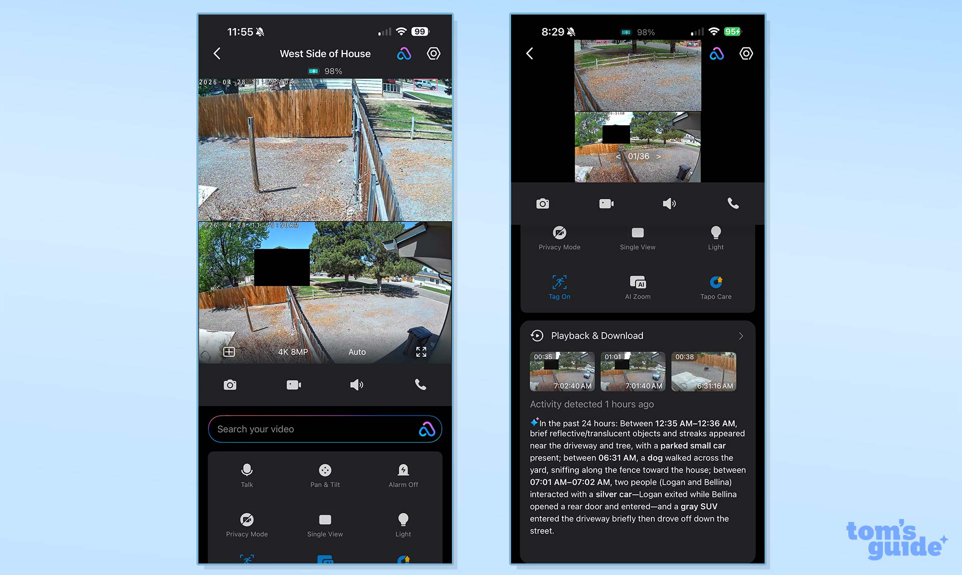 Screenshots from the TP-Link Tapo C675D security camera app