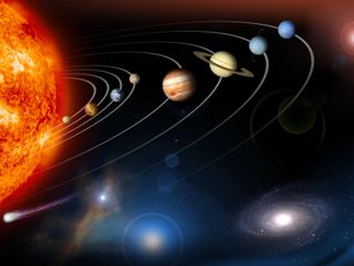 This image is an unannotated version of the Planetary Photojournal Home Page graphic. This digital collage contains a highly stylized rendition of our solar system and points beyond. 