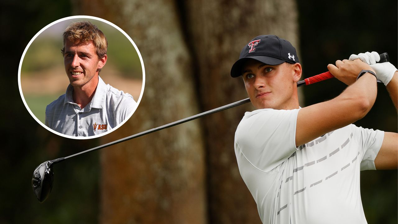 Main image of Ludvig Aberg hitting driver wearing Texas Tech gear and inset photo of David Puig in an ASU polo