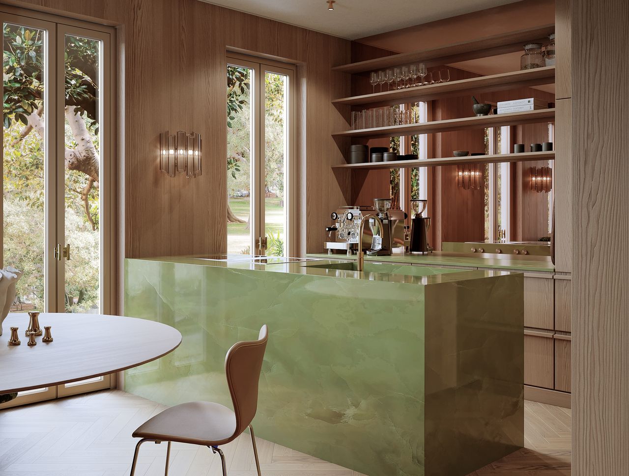 A marble slab kitchen island