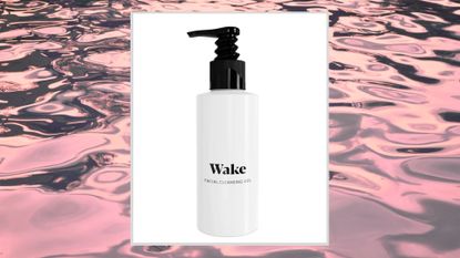 Wake facial cleansing gel in a pink water ripple background