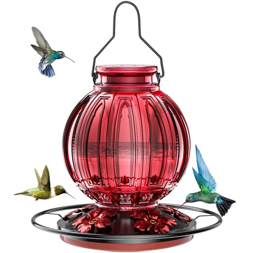 Glass Hummingbird Feeder for Outdoors Hanging, 26oz Bird Nectar Feeder With Perch & 5 Flower Feeding Ports, Leak Proof for Outside Garden Decor Backyard, Gifts for Women Mom, Red
