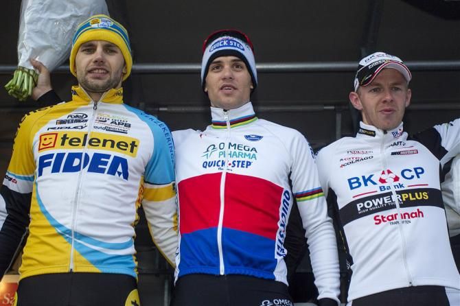 Elite men's podium at Versluys Cyclocross Bredene (L-R): Rob Peeters, Zdenek Stybar and Dieter Vanthourenhout