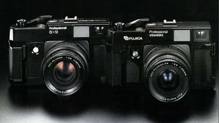 Fujica GW690 and GSW690 cameras, against a black background