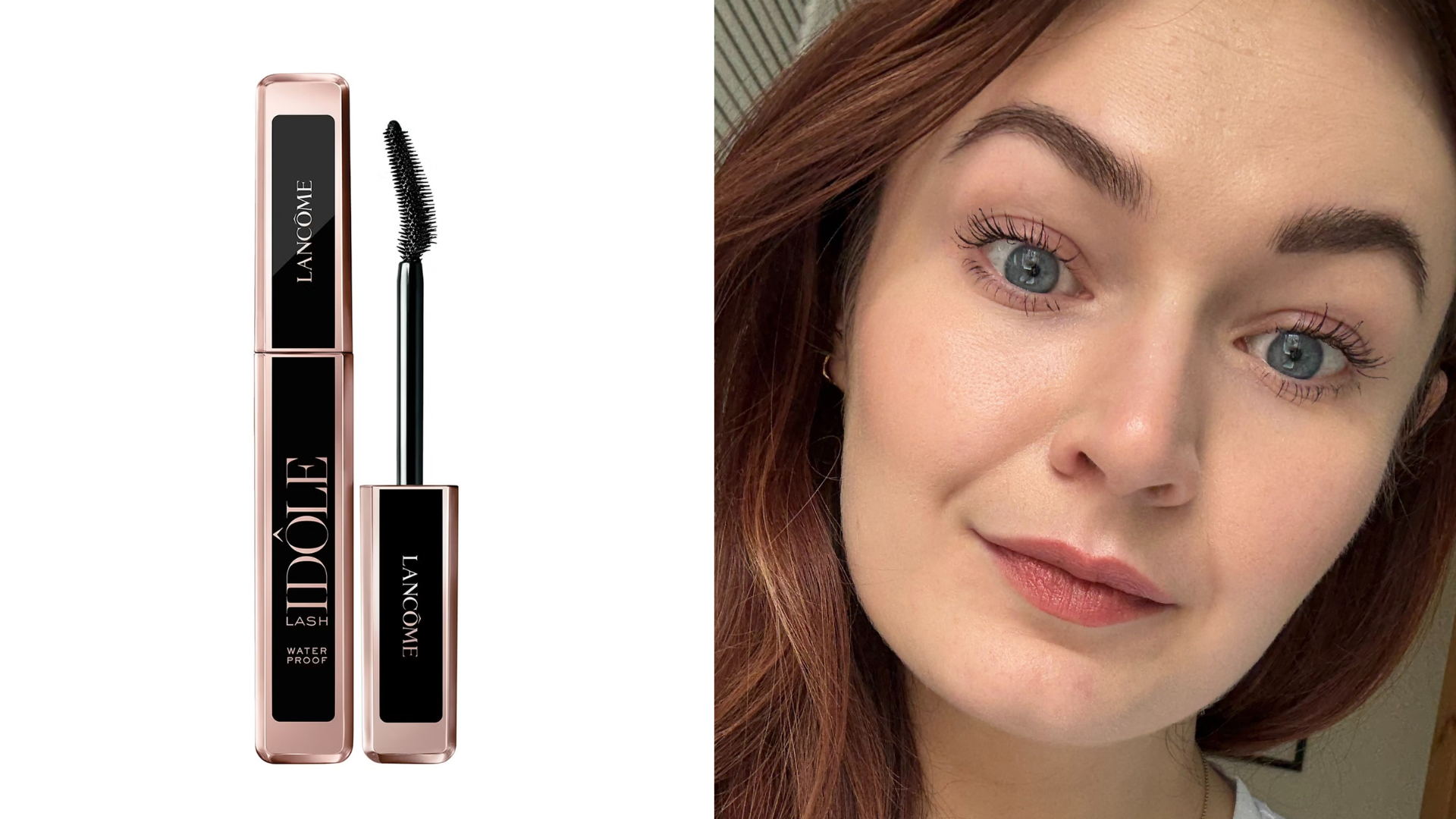 Composite image showing the Lancome Lash Idole Waterproof Mascara (left) and Lucy wearing the product (right)
