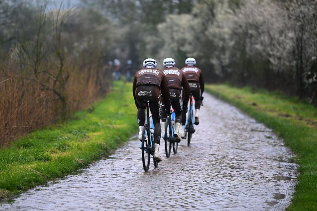 ROUBAIX FRANCE APRIL 06 Riders detail view of Ag2R Citron Team during the ParisRoubaix 2023 Training Day 1 UCIWT on April 06 2023 in Roubaix France Photo by Luc ClaessenGetty Images