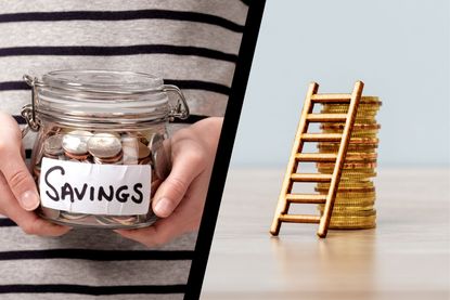Left, a woman holding a glass jar filled with small change. Right, a tiny ladder leaning against a stack of coins