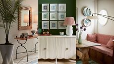 three images of interiors decorated with artwork, lamps and furniture