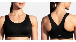 Brooks Dare Crossback Running Bra in black worn by model, front and rear views