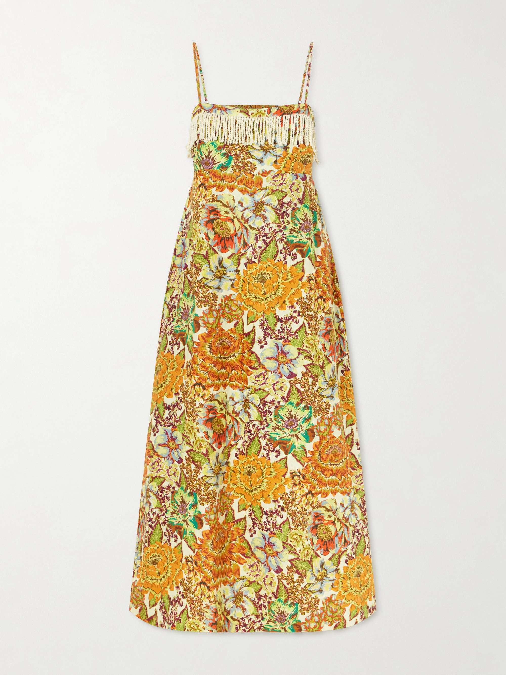 Lana Fringed Floral-Print Linen Midi Dress