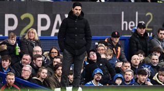Arsenal manager Mikel Arteta observes the Premier League match between Everton and Arsenal on 4 February, 2023 at Goodison Park in Liverpool, United Kingdom.
