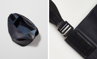 Two images, Left- Blue bucket bag, Right- Close up of strap clip