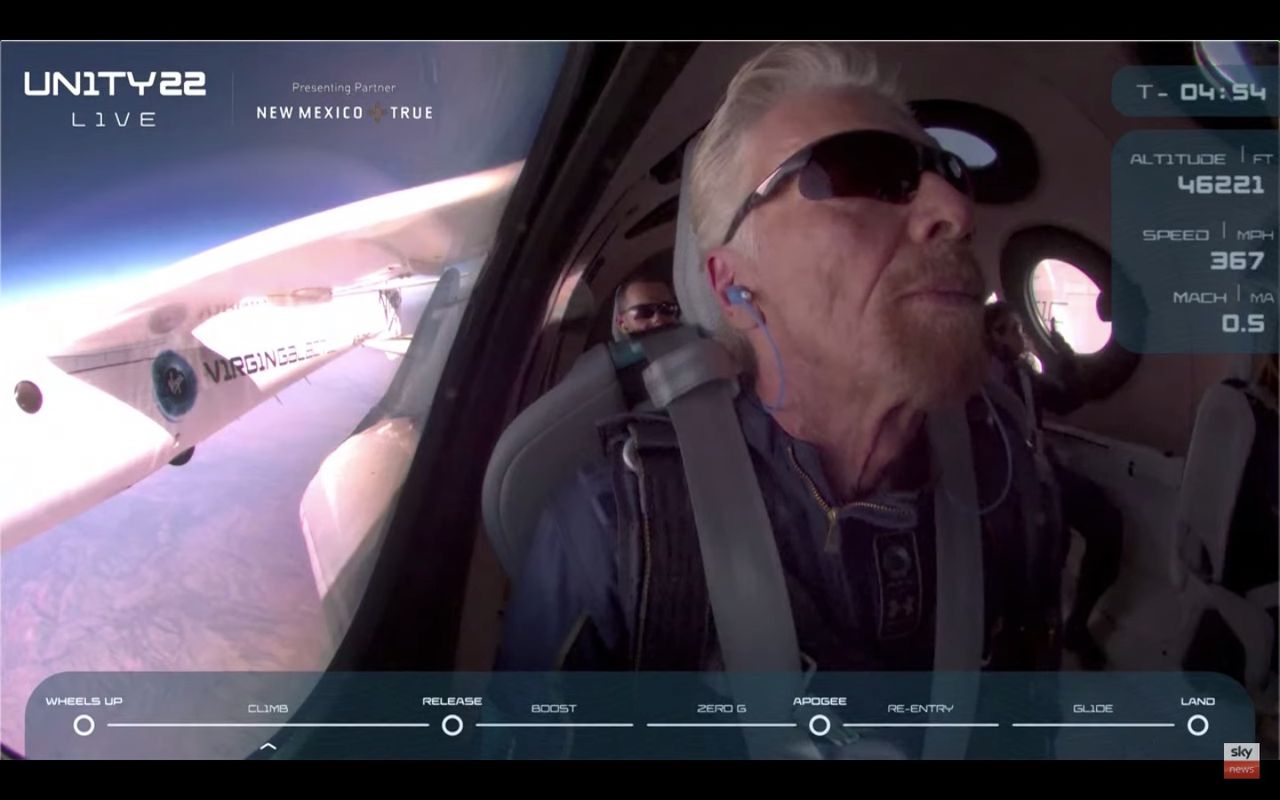 Virgin Group founder Richard Branson in the cabin of VSS Unity during the space plane's ascent on July 11, 2021.