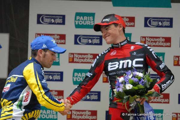 Marcato congratulates Van Avermaet on the podium