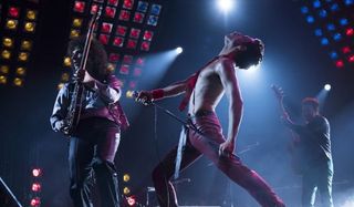 Queen performing in concert in Bohemian Rhapsody