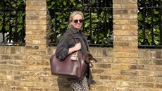 Antonia Kraskowski carrying her dachshund in the Mulberry dog carrier