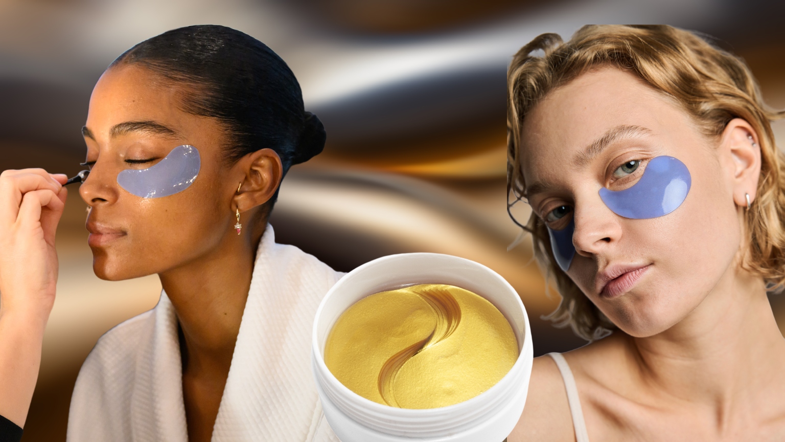 two women wearing under eye masks with a white container of gold eye masks