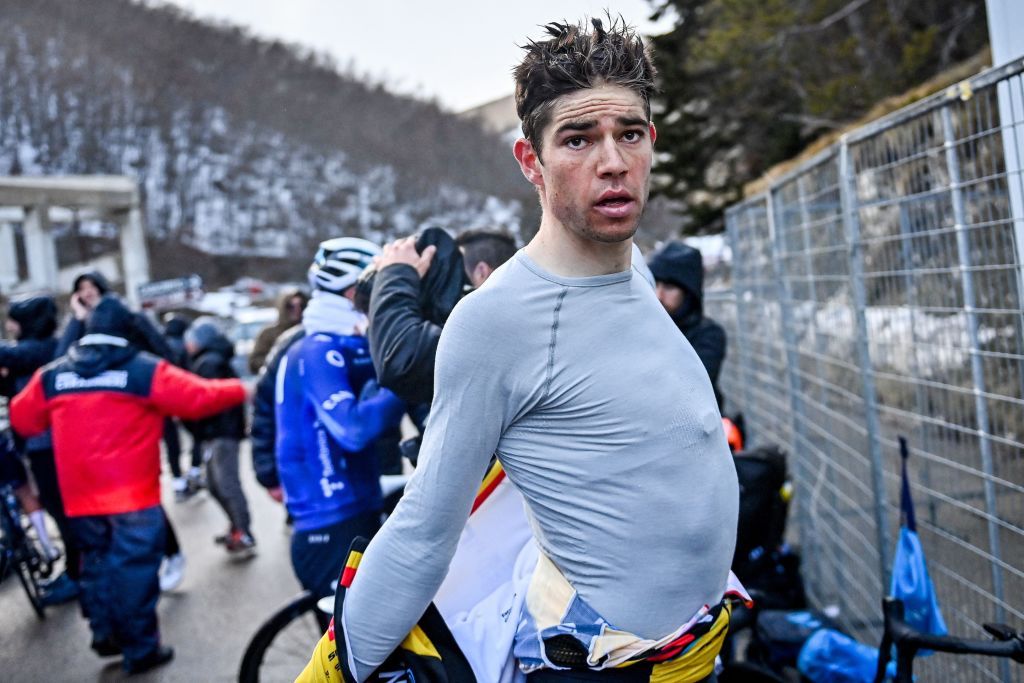 Belgian Wout van Aert of Team JumboVisma pictured at the finish of stage 5 of the TirrenoAdriatico cycling race 1656 km from Morro dOro to Fonte Landina in Italy Friday 10 March 2023 The stage was originally scheduled to finish 24 climbing kilometers higher in SarnanoSassotetto but due to the strong wind the last climbing kilometers were cut BELGA PHOTO DIRK WAEM Photo by DIRK WAEM BELGA MAG Belga via AFP Photo by DIRK WAEMBELGA MAGAFP via Getty Images