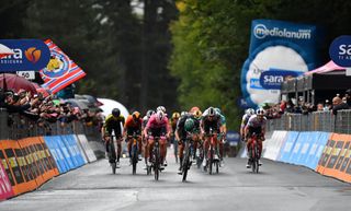 CAMIGLIATELLO SILANO ITALY OCTOBER 07 Sprint Arrival Patrick Konrad of Austria and Team Bora Hansgrohe Joao Almeida of Portugal and Team Deceuninck QuickStep Pink Leader Jersey Wilco Kelderman of The Netherlands and Team Sunweb Lucas Hamilton of Australia and Team Mitchelton Scott Jai Hindley of Australia and Team Sunweb Harm Vanhoucke of Belgium and Team Lotto Soudal White Best Young Jersey Pello Bilbao of Spain and Team Bahrain Mclaren Enrico Battaglin of Italy and Team Bahrain Mclaren during the 103rd Giro dItalia 2020 Stage 5 a 225km stage from Mileto to Camigliatello Silano 1275m girodiitalia Giro on October 07 2020 in Camigliatello Silano Italy Photo by Stuart FranklinGetty Images