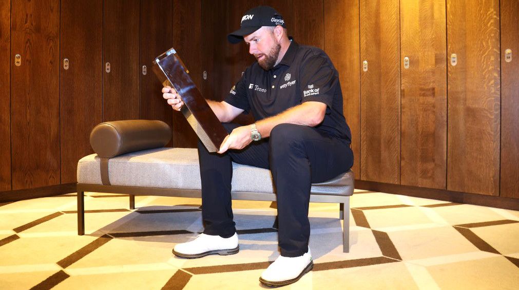 BMW PGA Championship Live Stream: Shane Lowry inspects the BMW PGA Championship trophy in the locker room at Wentworth GettyImages-1422851571