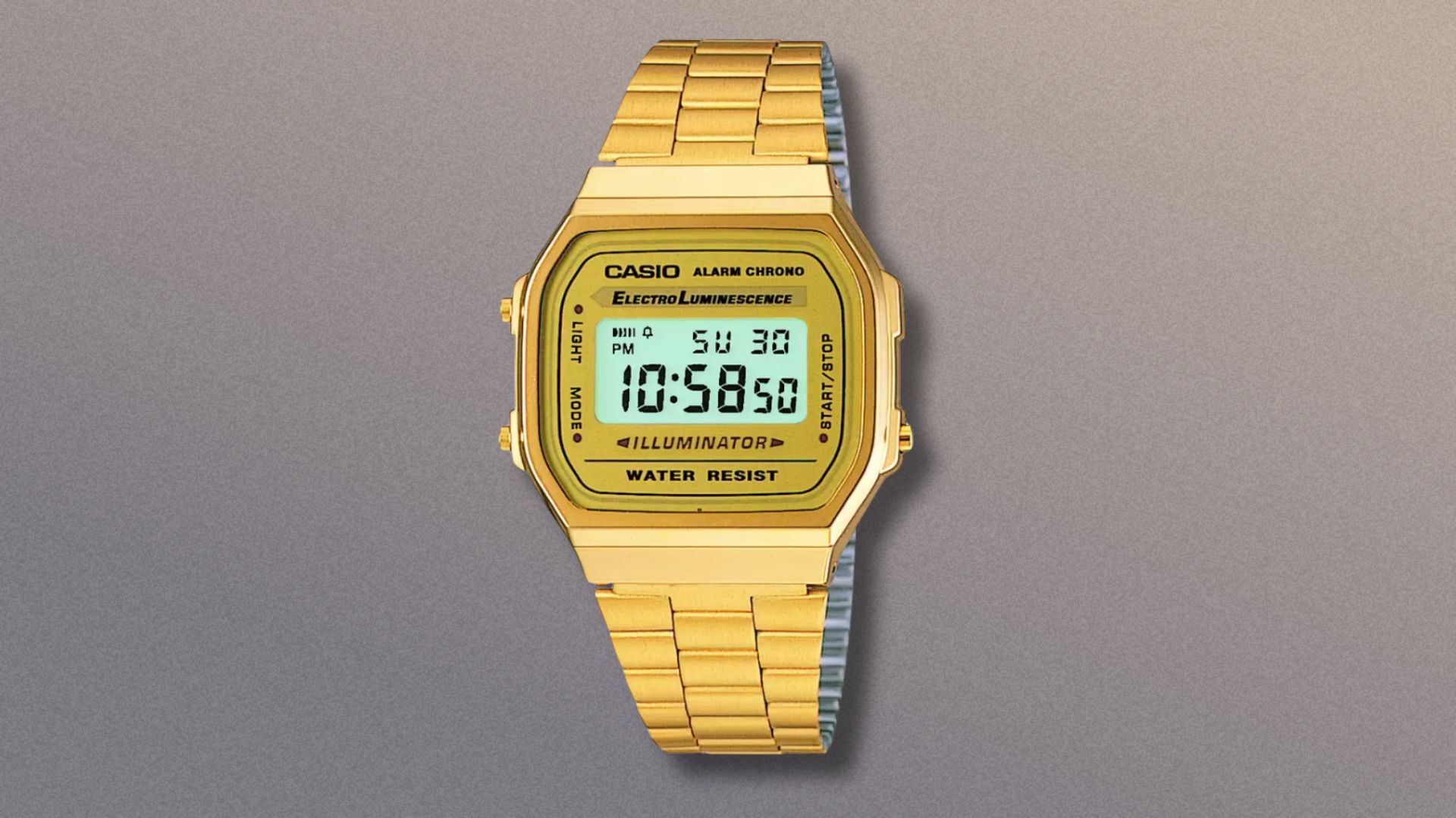 Casio A168WG-9EF on a grey background