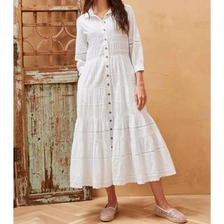 Brora Organic Cotton Embroidered Tiered Shirt Dress, White