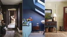 dark brown farmhouse hallway, dark blue color-drenched bedroom, butter yellow entryway