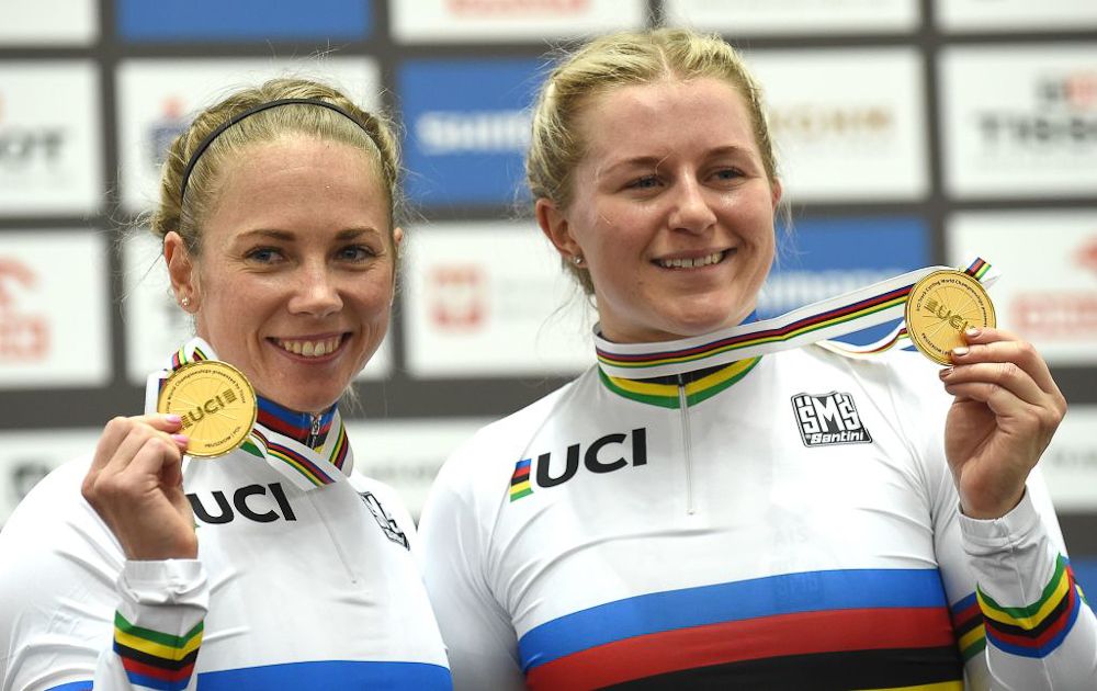 Australia's Kaarle McCulloch and Stephanie Morton react at the podium after winning gold in the women's team sprint final at the UCI Track Cycling World Championship