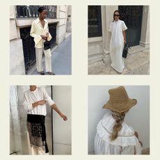a collage of four women wearing different neutral warm-weather outfits.