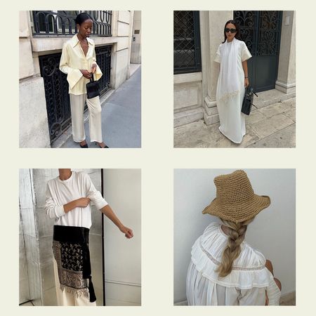 a collage of four women wearing different neutral warm-weather outfits.
