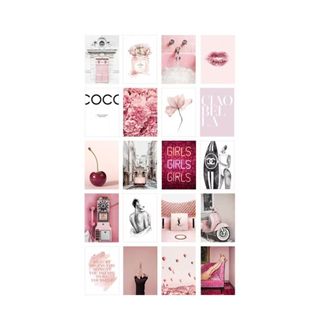 A collage of pink wall art prints