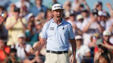 JT Poston celebrates holing the winning putt at the 2026 Memorial Tournament