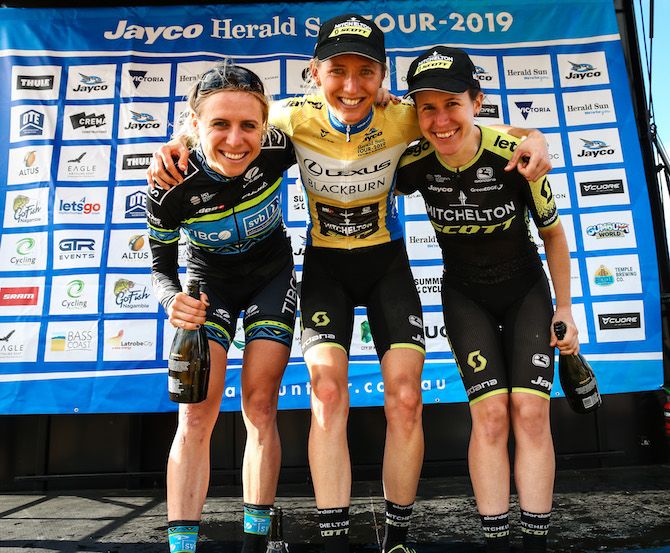 Last year's winner Brodie Chapman (third), 2019 Women's Herald Sun Tour winner Lucy Kennedy and second-placed Amanda Spratt
