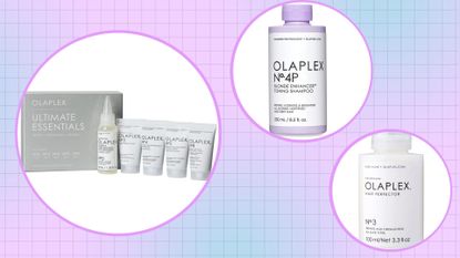 Olaplex deals deals on Amazon: Olaplex Essentails kit, Olaplex No.3 and Olaplex No.4p in a blue and purple template