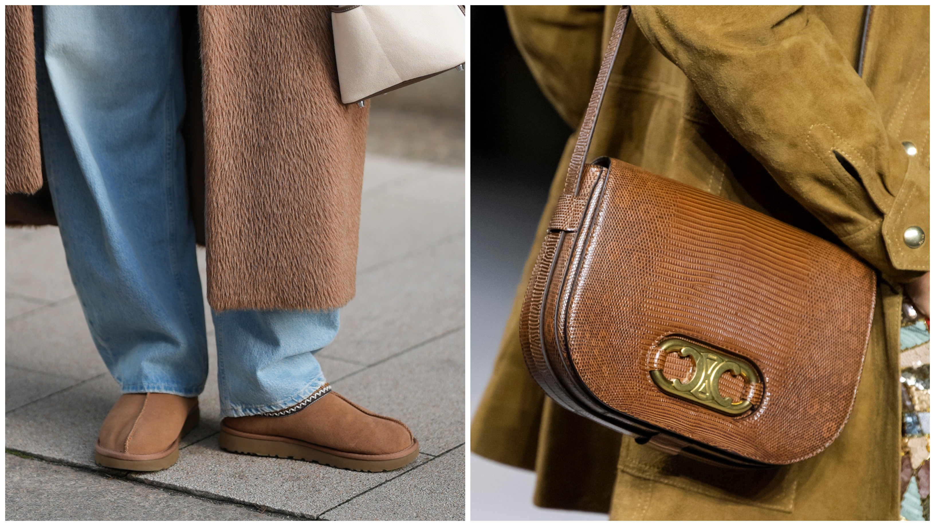 collage of ugg slippers and a celine bag