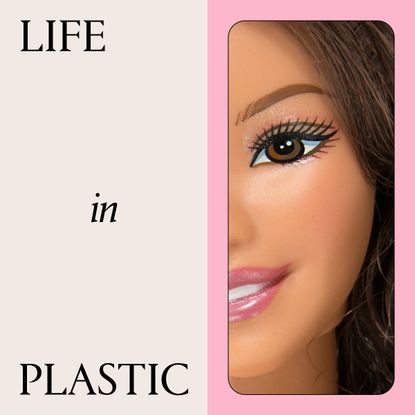 a close up of a brunette Barbie face on a pink background next to black text on a cream background