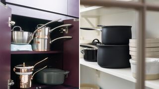 Inside kitchen cupboards with saucepans stacked