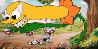 A deadly flower attacks in Cuphead.