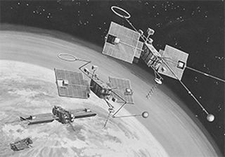An artist's illustration of the deployment steps for NASA's Orbiting Geophysical Observatory 1 satellite, which launched in 1964.